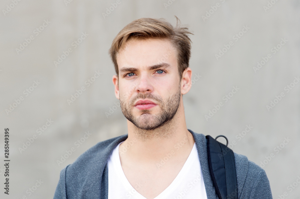 Male beauty standards. Ideal traits that make man physically attractive.  Handsome man unshaven face stylish hairstyle. Handsome caucasian man gray  background. Bearded guy casual style close up Stock Photo | Adobe Stock