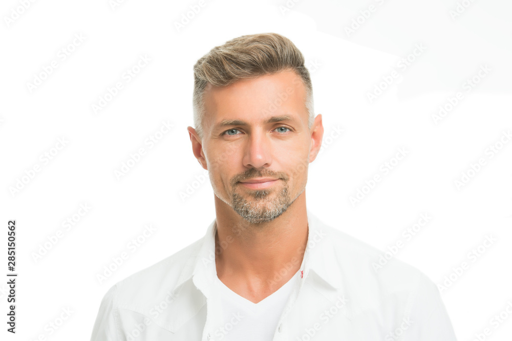 Kind glance. Male natural beauty. Man attractive well groomed facial hair.  Barber shop concept. Barber hairdresser. Man mature good looking model.  Anti ageing. Handsome man looking at camera close up Stock Photo |