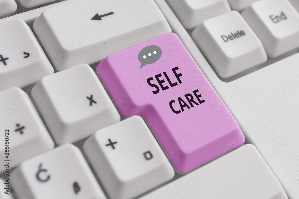 Handwriting text writing Self Care. Conceptual photo the practice of taking action to improve one s is own health White pc keyboard with empty note paper above white background key copy space Handwriting text writing Self Care. Conceptual photo the practice of taking action to improve one s is own health White pc keyboard with empty note paper above white background key copy space