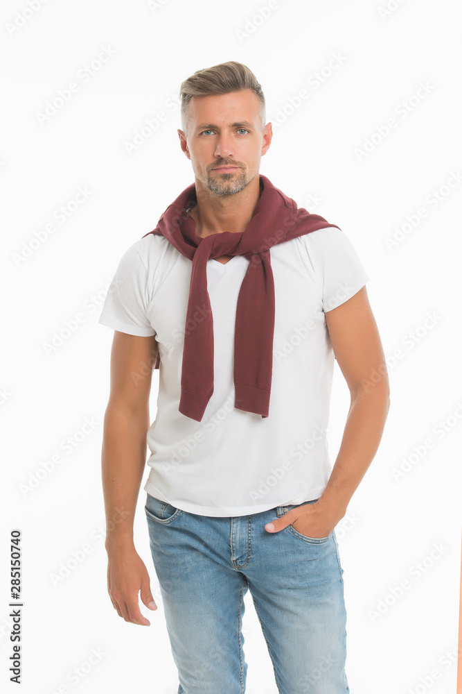 Foto Stock Menswear and fashionable clothing. Daily outfit. Man model  clothes shop. Man looks handsome in casual style. Guy with bristle wear  casual outfit. Handsome man posing model. Masculinity concept | Adobe