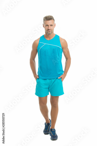 Athletic body. Guy sport outfit. Fashion concept. Man model clothes shop.  Sport style. Menswear and fashionable clothing. Man athlete isolated white  background. Man handsome in shirt and shorts Stock Photo | Adobe