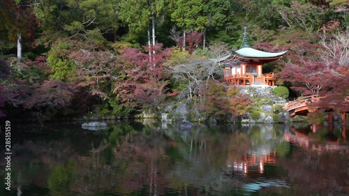 Pan right, colorful trees surrounding Bentendo hall of Daigoji Temple reflects on the calm water surface of the pond. photo