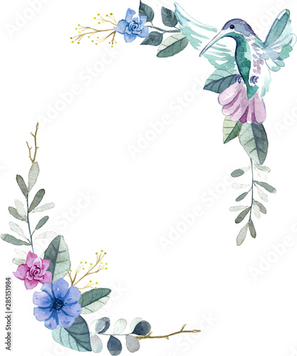Watercolor floral frame with birds and leaves