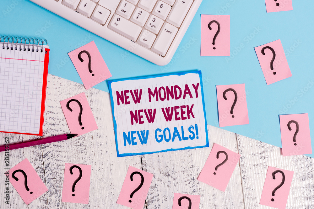Writing note showing New Monday New Week New Goals. Business concept for goodbye weekend starting fresh goals targets Writing tools and scribbled paper on top of the wooden table Writing note showing New Monday New Week New Goals. Business concept for goodbye weekend starting fresh goals targets Writing tools and scribbled paper on top of the wooden table