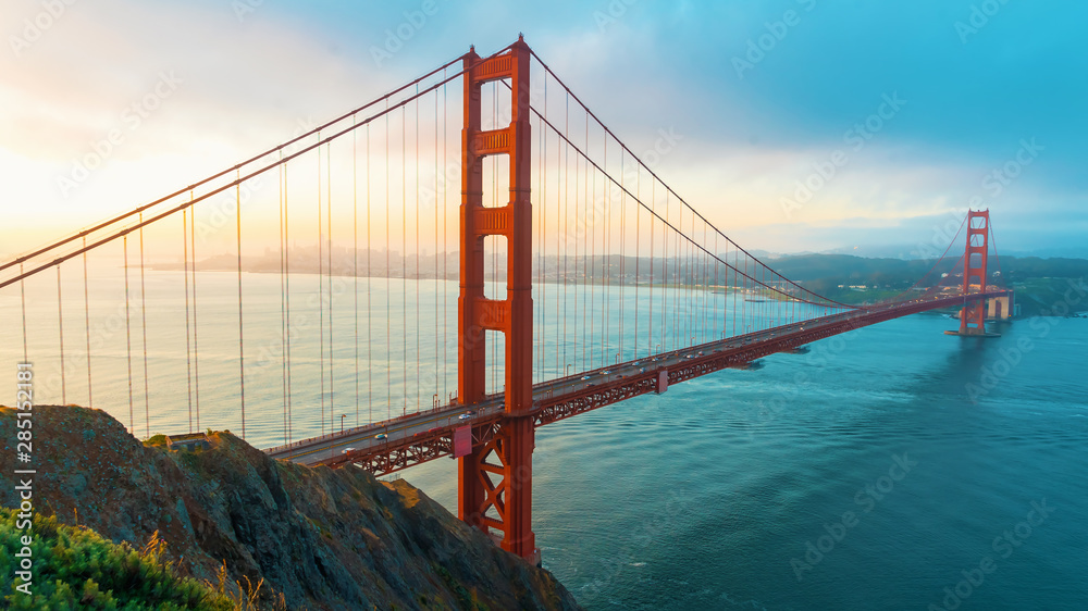 San Francisco's Golden Gate Bridge at sunrise from Marin County