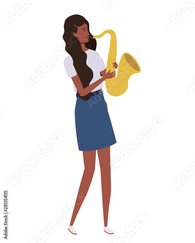 young woman with saxophone on white background