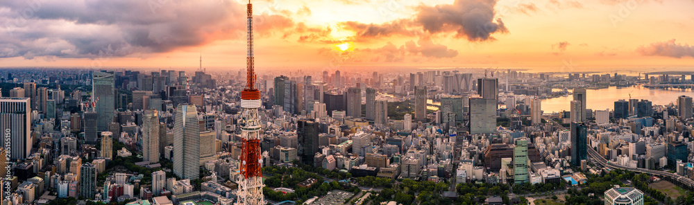 Aerial drone Panorama - Skyline of the city of Tokyo, Japan at sunrise.  Asia
