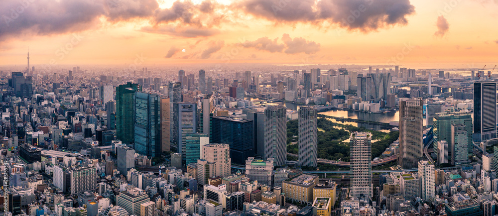 Aerial drone Panorama - Skyline of the city of Tokyo, Japan at sunrise. Asia