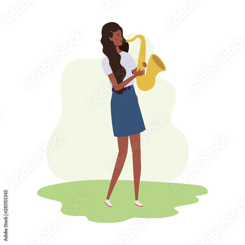 young woman with saxophone on white background