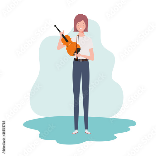 young woman with fiddle on white background