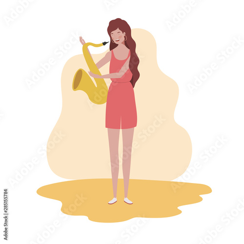 young woman with saxophone on white background