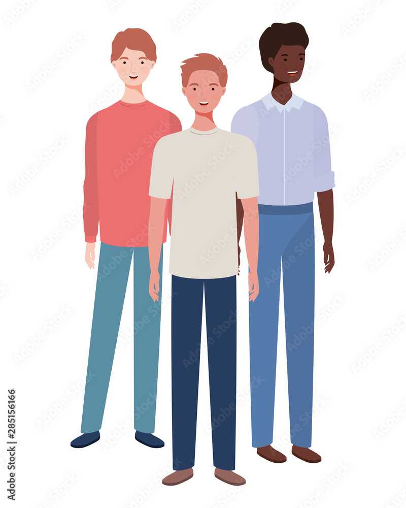 young men standing on white background