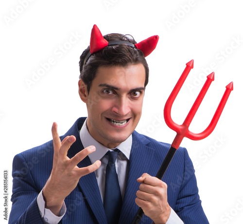 Fotografie Evil devil businessman with pitchfork isolated on white backgrou