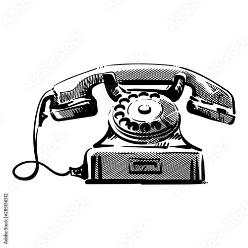 old black phone isolated on white background, sketch vector