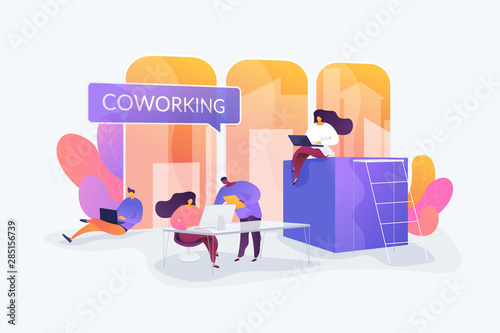 Productive cooperation, work organization, freelance and outsource. Coworking of freelancers, teamwork and communication, independent activity concept. Vector isolated concept creative illustration