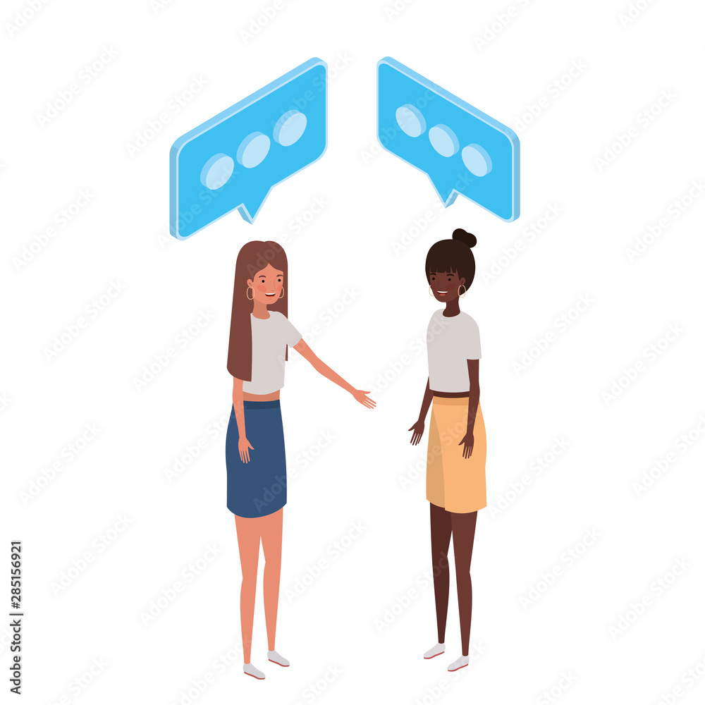 women standing with speech bubble on white background