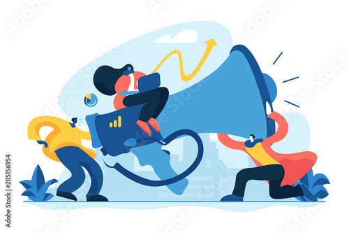 Digital marketing team, marketing team metrics, marketing team lead and responsibilities concept. Vector isolated concept illustration with tiny people and floral elements. Hero image for website.