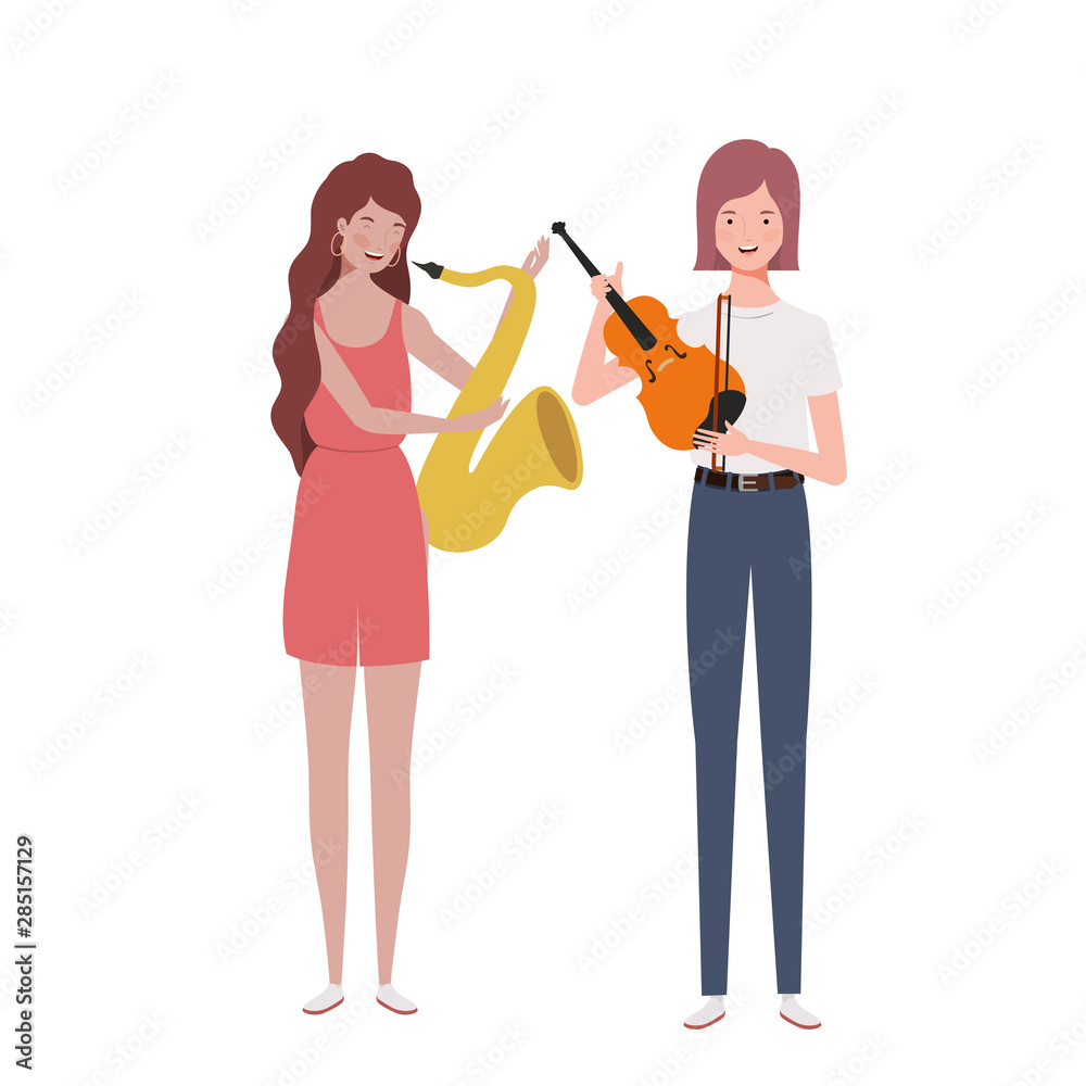 women with musicals instruments on white background women with musicals instruments on white background