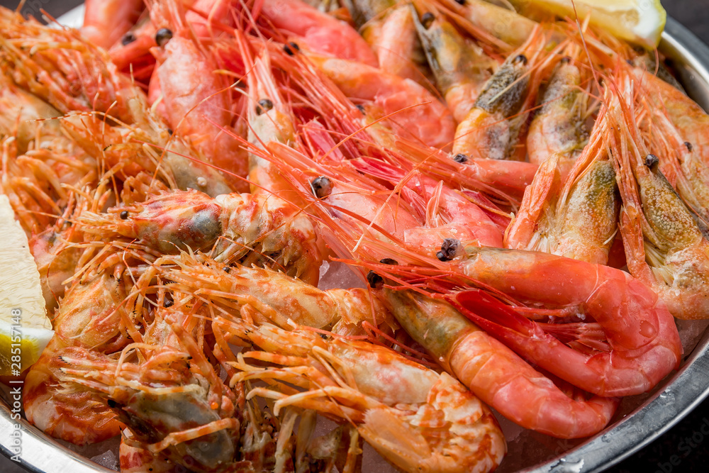 boiled shrimp on ice on grey concrete table boiled shrimp on ice on grey concrete table