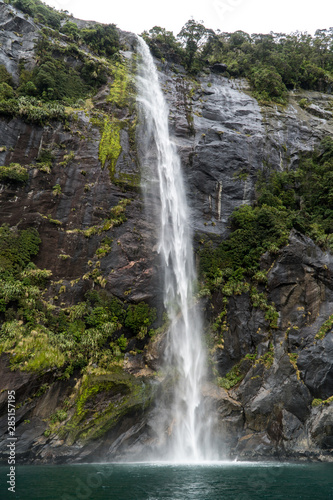 waterfall in Milford Sound on the south Island