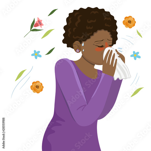 Seasonal Allergy Girl blows her nose in a handkerchief. Vector graphics.