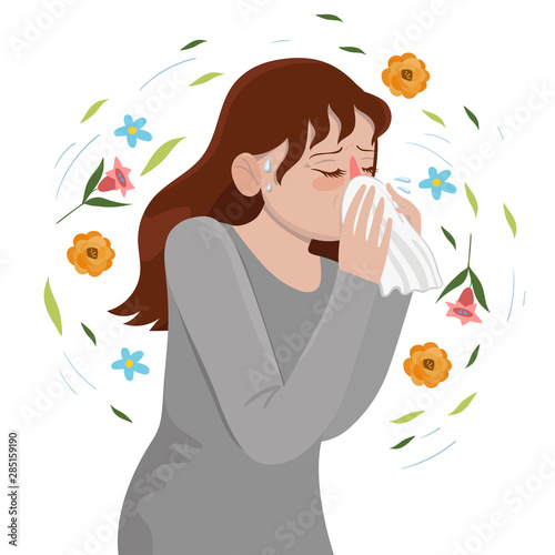 Seasonal Allergy Girl blows her nose in a handkerchief. Vector graphics.