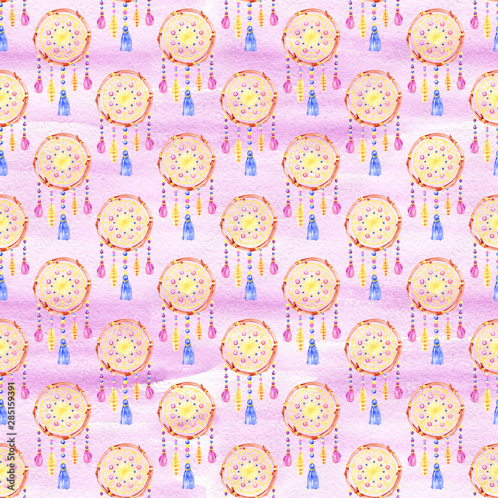 Seamless pattern with dreamcatchers, hand drawn in watercolor. Seamless texture with hand drawn feathers. Illustration for your design. Bright colors. Seamless pattern with dreamcatchers, hand drawn in watercolor. Seamless texture with hand drawn feathers. Illustration for your design. Bright colors.