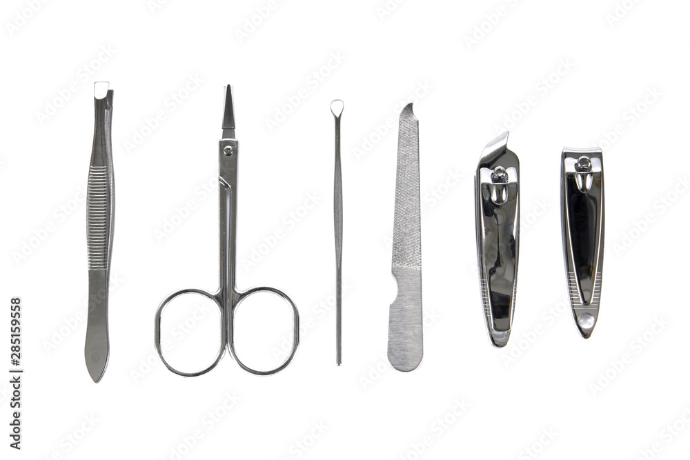 Tools set for manicure and pedicure isolated on white background. Nail set tool for salon isolated Tools set for manicure and pedicure isolated on white background. Nail set tool for salon isolated