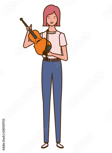 young woman with fiddle on white background