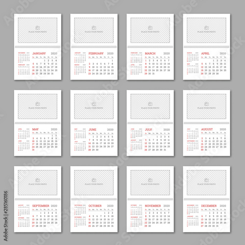 Wall calendar planner templates for 2020 year with place for photo. English vector set of 12 months with dates grid on white background. Week starts from Sunday. Calendar from January to December