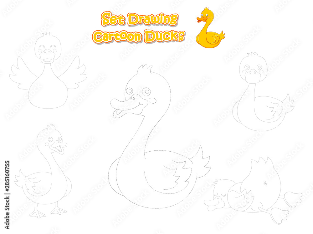 Set Drawing and Paint Cute Cartoon Ducks. Educational Game for Kids. Vector illustration With Cartoon Funny Animal Frame Set Drawing and Paint Cute Cartoon Ducks. Educational Game for Kids. Vector illustration With Cartoon Funny Animal Frame
