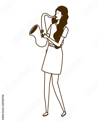 silhouette of woman with saxophone on white background