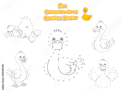 Set Connect The Dots and Draw Cute Cartoon Ducks. Educational Game for Kids. Vector Illustration Animal Frame