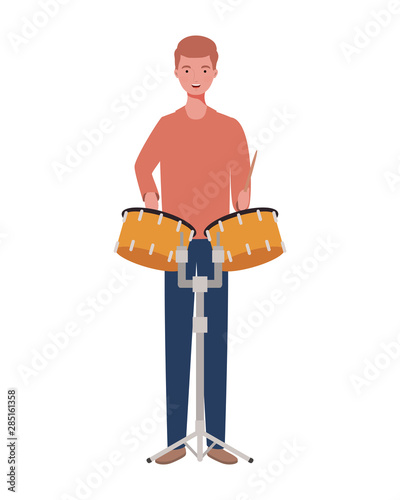young man with timpani on white background