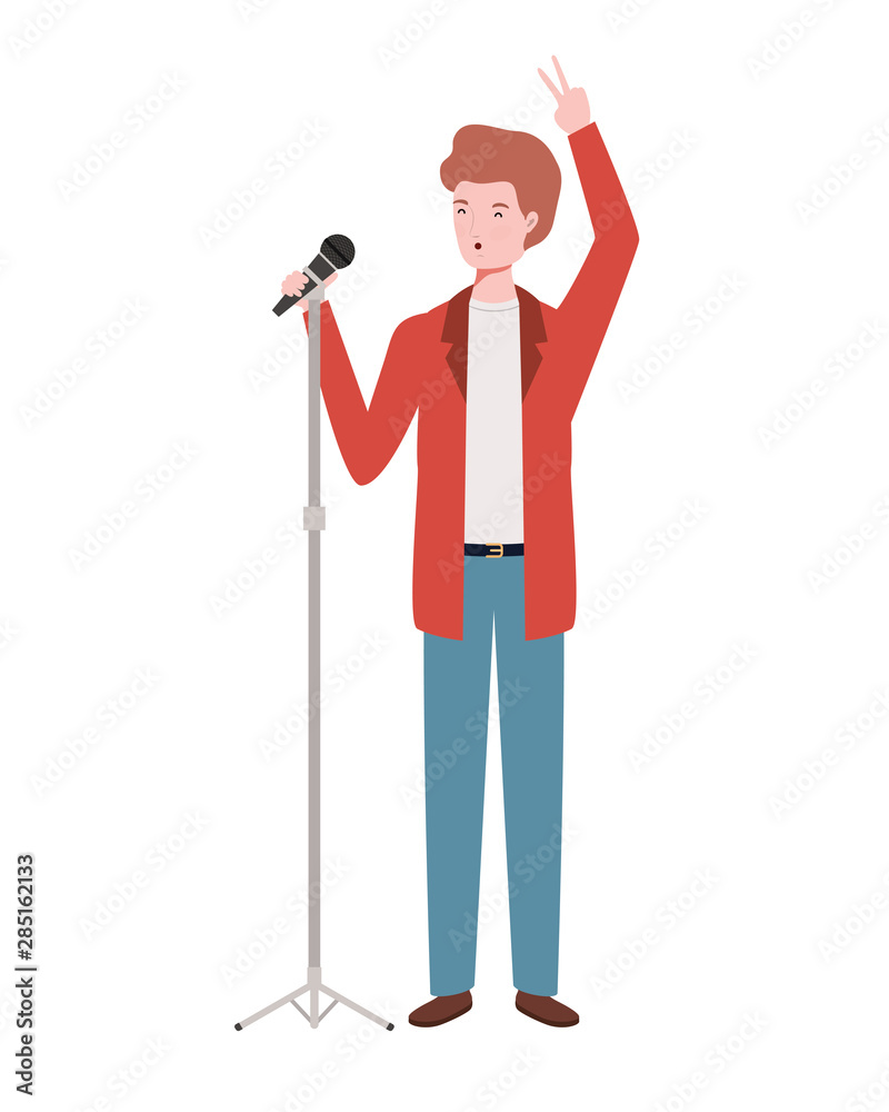 young man with microphone on white background young man with microphone on white background