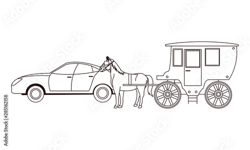 cars and horse carriages vehicles in black and white
