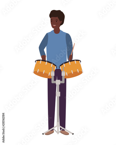 young man with timpani on white background