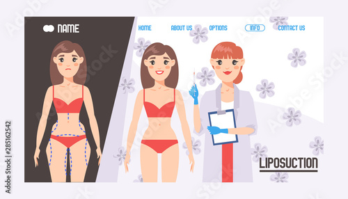 Plastic surgery banner website design vector illustration. Face and body correction. Surgeon doctor consultation. Breast augmentation, liposuction, face and body cosmetology. Beauty health procedure.