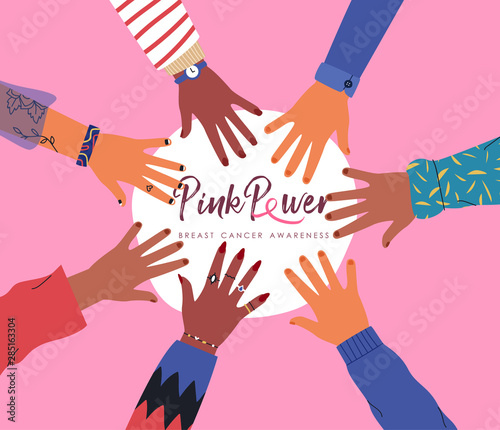 Breast cancer awareness diverse pink women hand