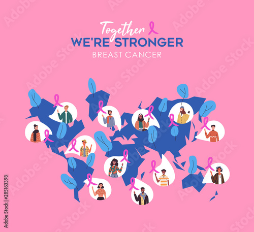 Breast cancer awareness diverse world map people
