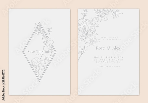 Minimalist botanical wedding invitation card template design, grey climbing r...