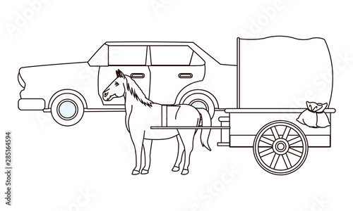 Classic cars and horse carriages vehicles in black and white