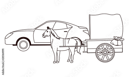 cars and horse carriages vehicles in black and white