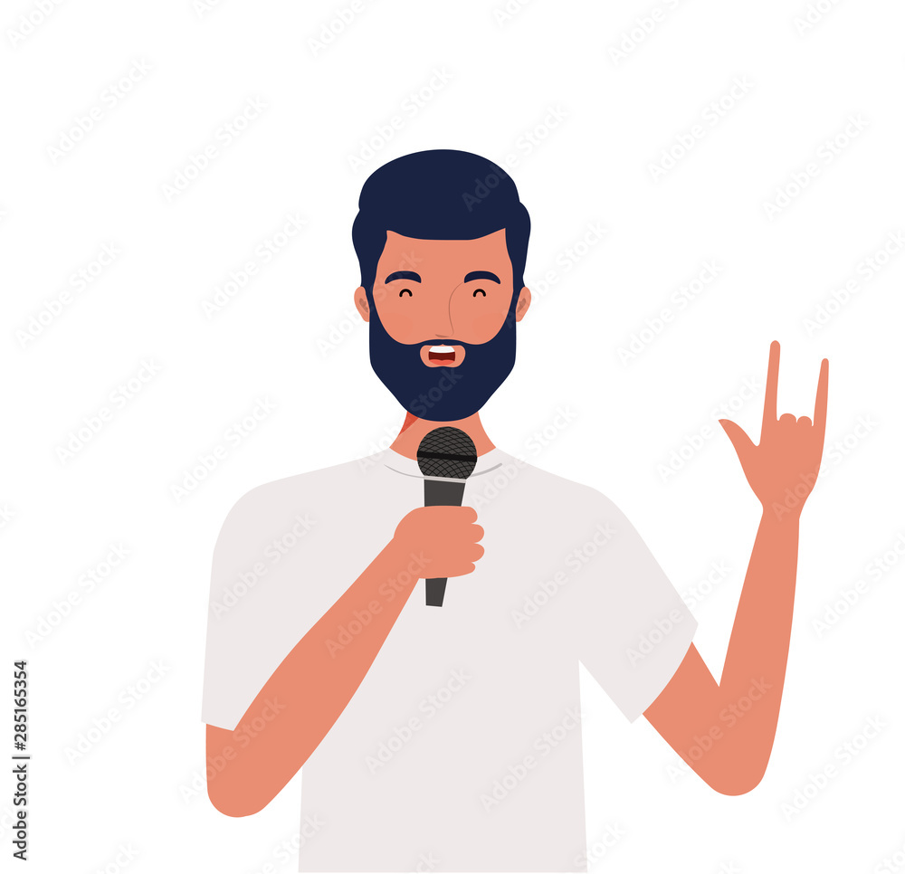 young man with microphone on white background young man with microphone on white background