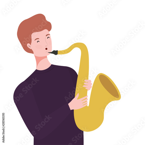 young man with saxophone on white background photo