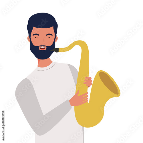 young man with saxophone on white background