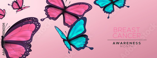 Breast cancer awareness banner of pink butterfly