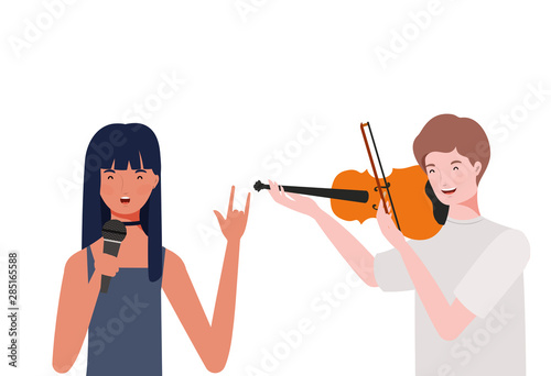 couple of people with musicals instruments on white background