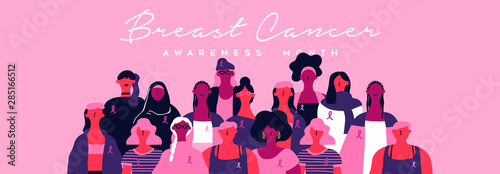 Breast cancer month banner of diverse pink women photo