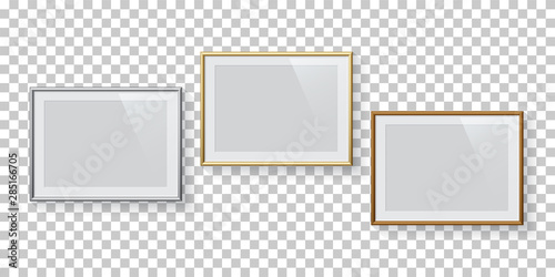Horizontal rectangle silver, golden and bronze picture or photo frames set isolated on transparent background. Vector design elements.